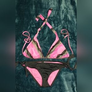 Hurley Women's Bikini Set Large Top Medium Bottom Pink Grey Black